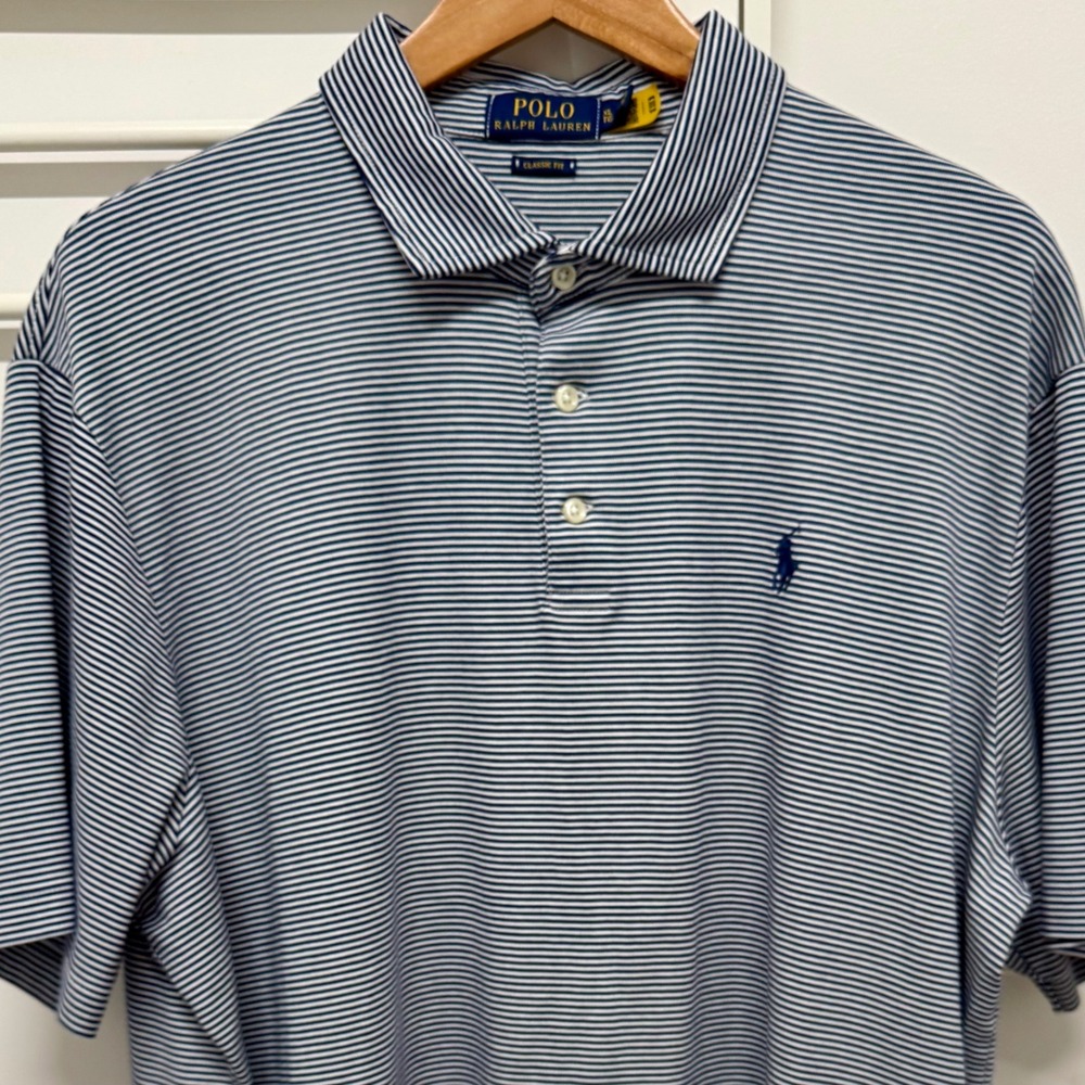 Polo Ralph Lauren Mens XL Classic Fit Striped Performance Polo Shirt Navy White